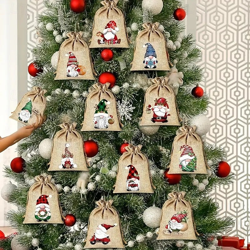 12pcs Christmas Burlap Gift Bag Set – Small Holiday Drawstring Pouches with Assorted Festive Designs, Perfect for Christmas & New Year Party Favors