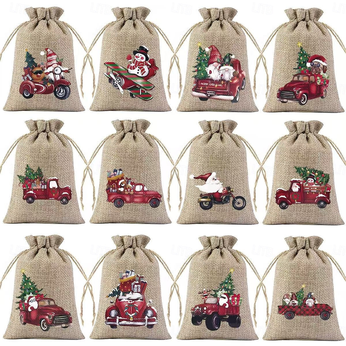 12pcs Christmas Burlap Gift Bag Set – Small Holiday Drawstring Pouches with Assorted Festive Designs, Perfect for Christmas & New Year Party Favors