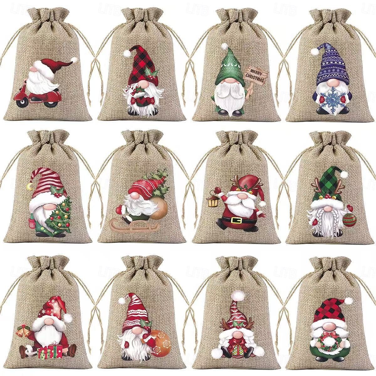 12pcs Christmas Burlap Gift Bag Set – Small Holiday Drawstring Pouches with Assorted Festive Designs, Perfect for Christmas & New Year Party Favors