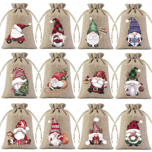 12pcs Christmas Burlap Gift Bag Set – Small Holiday Drawstring Pouches with Assorted Festive Designs, Perfect for Christmas & New Year Party Favors