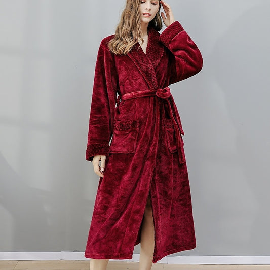 Women's Plush Fleece Bathrobe – Warm Soft Terry Robe with Belt, Long Sleeve Lapel Design, Cozy Home Loungewear for Fall & Winter