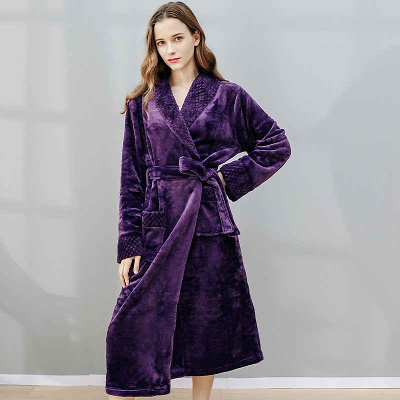Women's Plush Fleece Bathrobe – Warm Soft Terry Robe with Belt, Long Sleeve Lapel Design, Cozy Home Loungewear for Fall & Winter