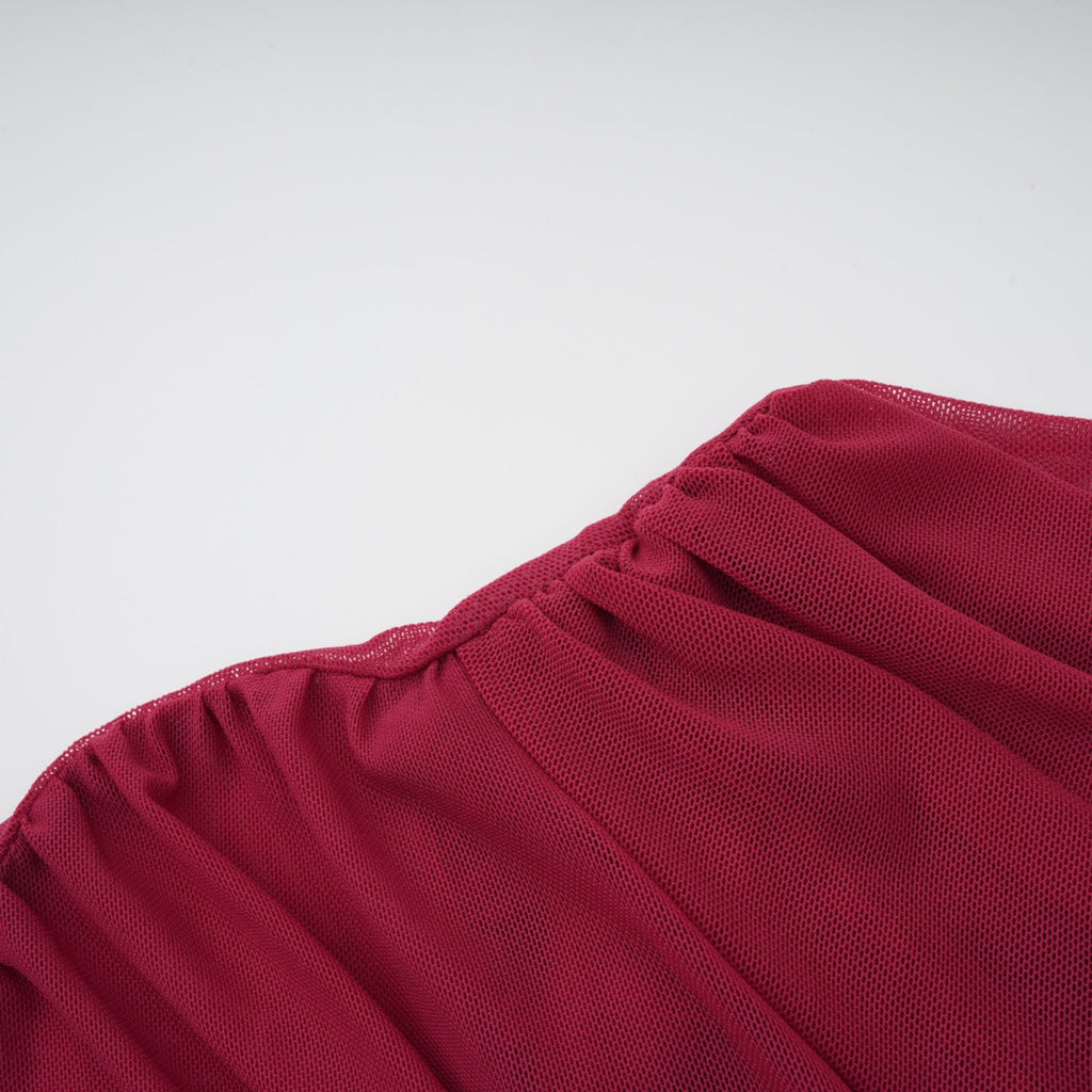 Sylphe Red Asymmetrical Ruched Mesh Maxi Dress