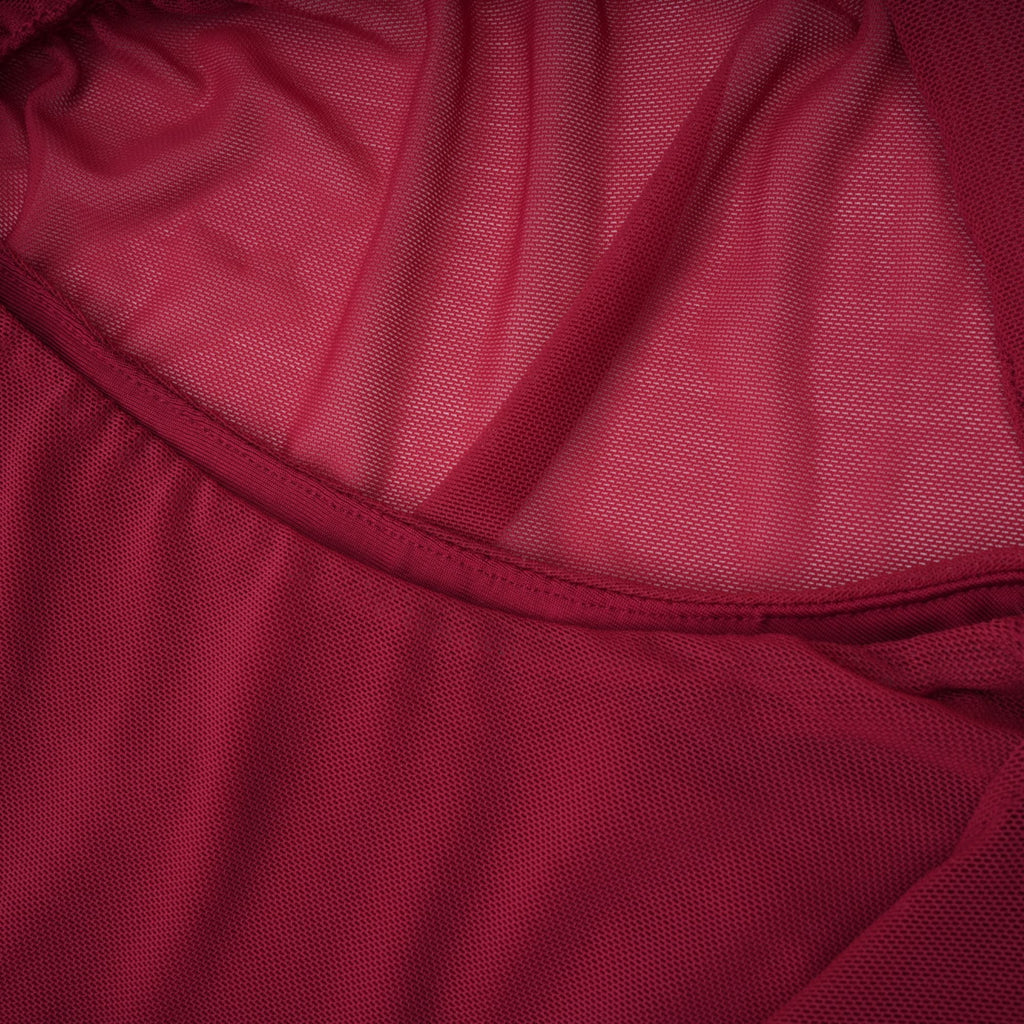 Sylphe Red Asymmetrical Ruched Mesh Maxi Dress