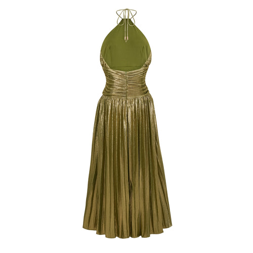 Alchimie Green Glossy Pleated Maxi Dress