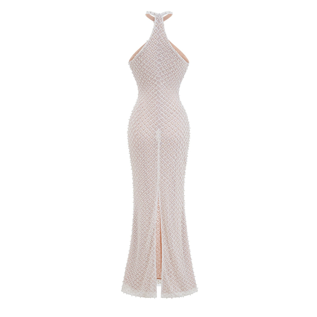 Claudine white embellished halterneck maxi dress