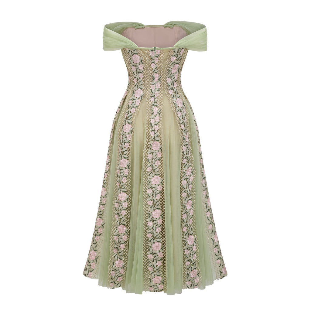 Eleni Green Tulle Panel Floral Midi Dress