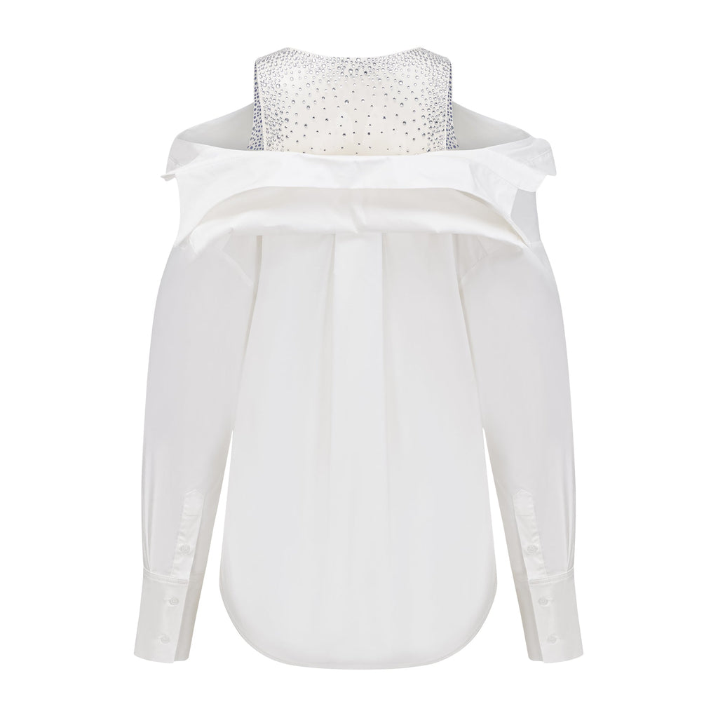 Fernande White Rhinestone Mesh Panel Shirt