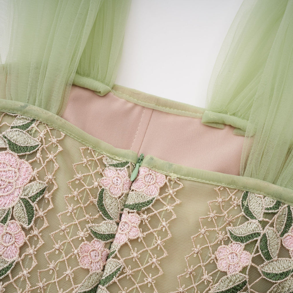 Eleni Green Tulle Panel Floral Midi Dress