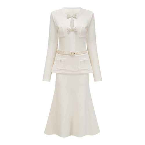 Adélade White Embellished Knit Midi Dress
