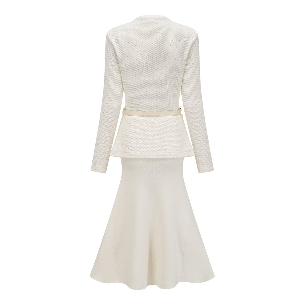 Adélade White Embellished Knit Midi Dress