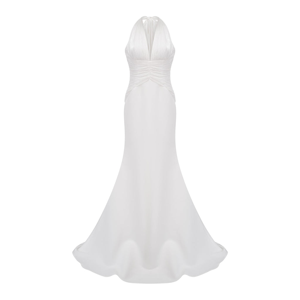 Emmeline White Train Design Gathered Maxi Dress