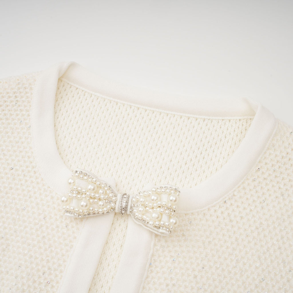 Adélade White Embellished Knit Midi Dress