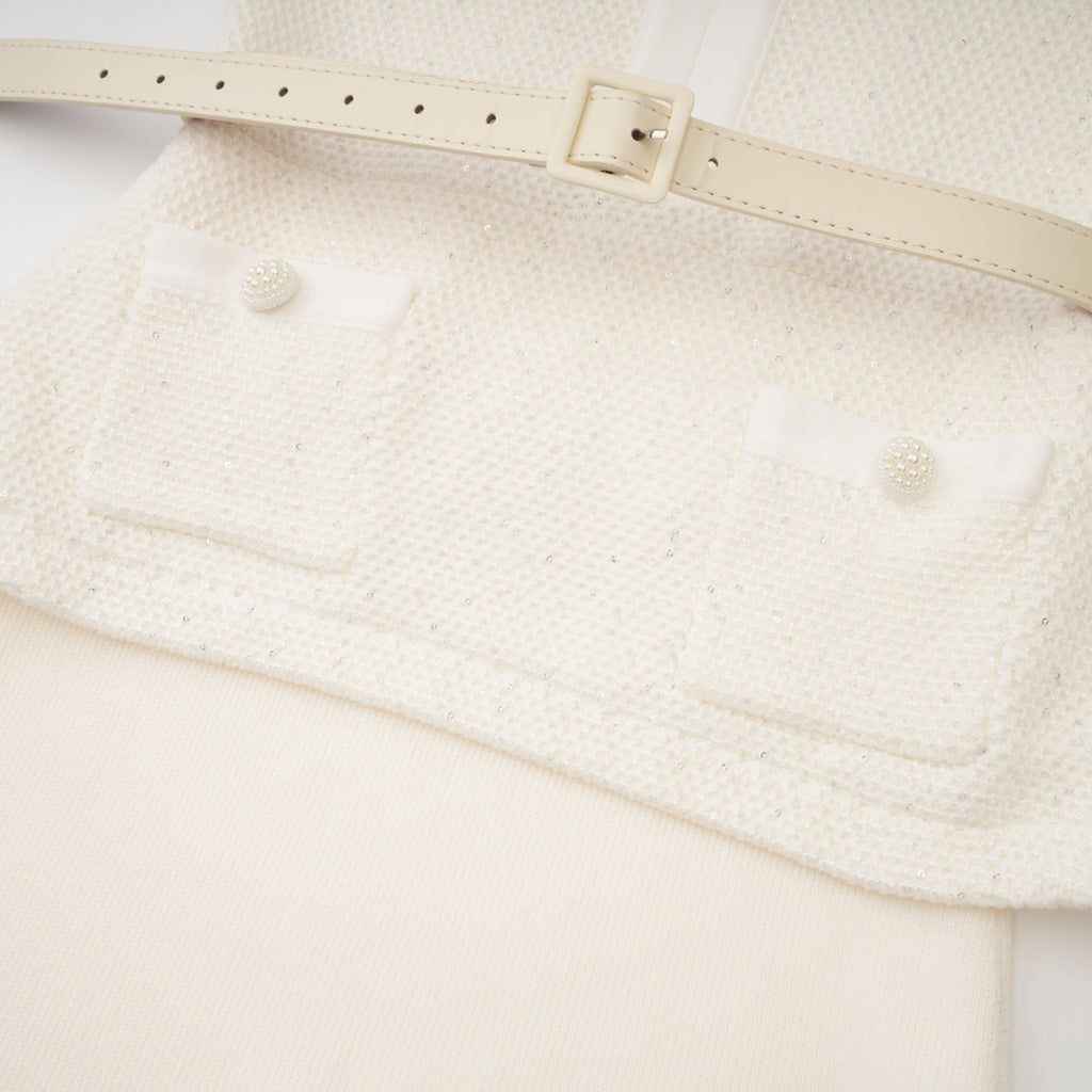 Adélade White Embellished Knit Midi Dress
