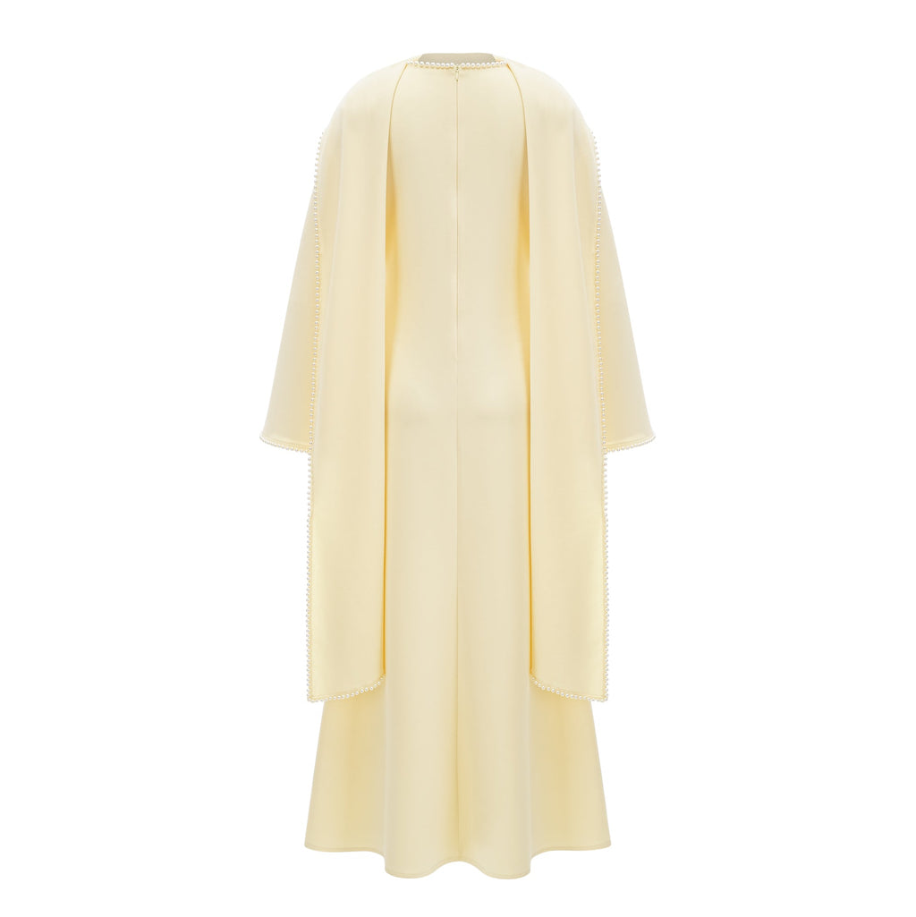 Piroska Yellow Pearl Trim Shawl Detail Maxi Dress