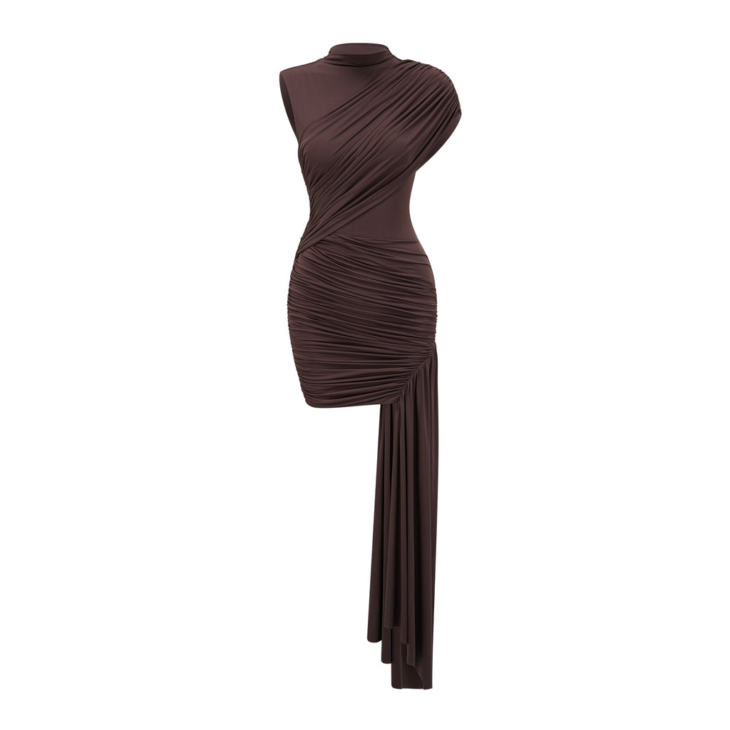 Fée Brown Asymmetrical Ruched Mini Dress