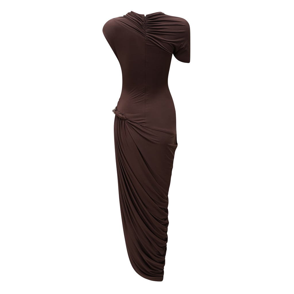 Prune Brown Night Out Asymmetrical Ruched Midi Dress