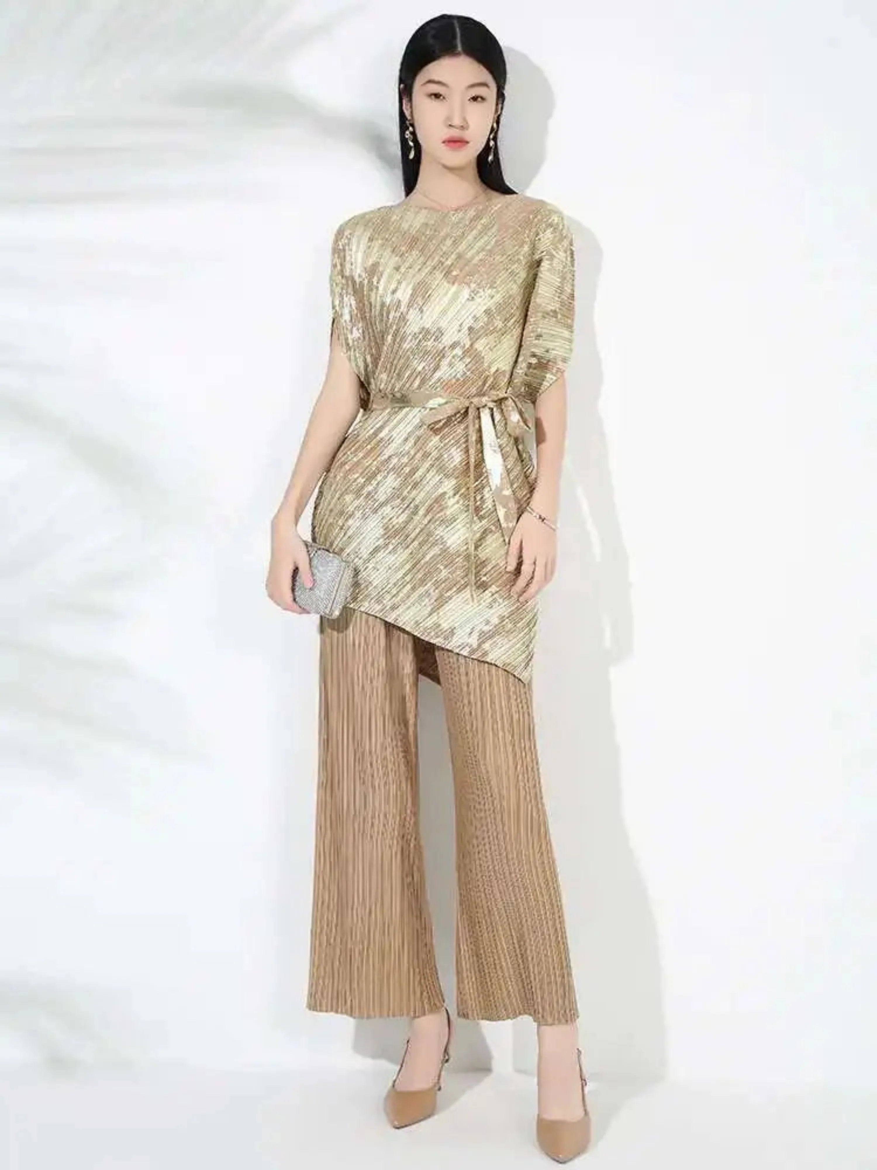 Gold Pleated Top & Pant Set
