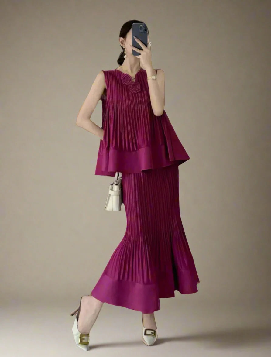 Modest Sleeveless Pleat Pull-On Skirt Set