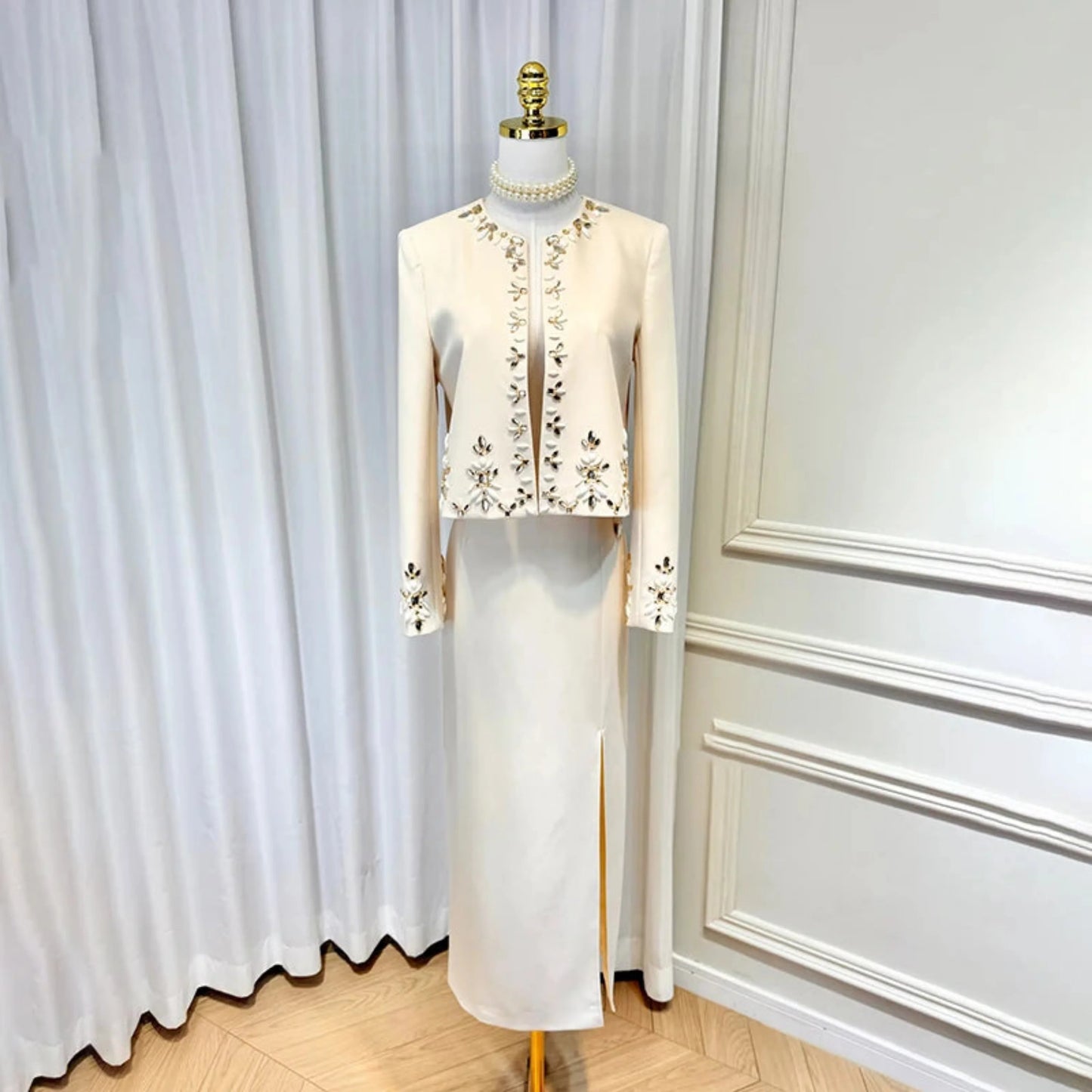 Elegant Crystal Maxi Skirt Suit Set