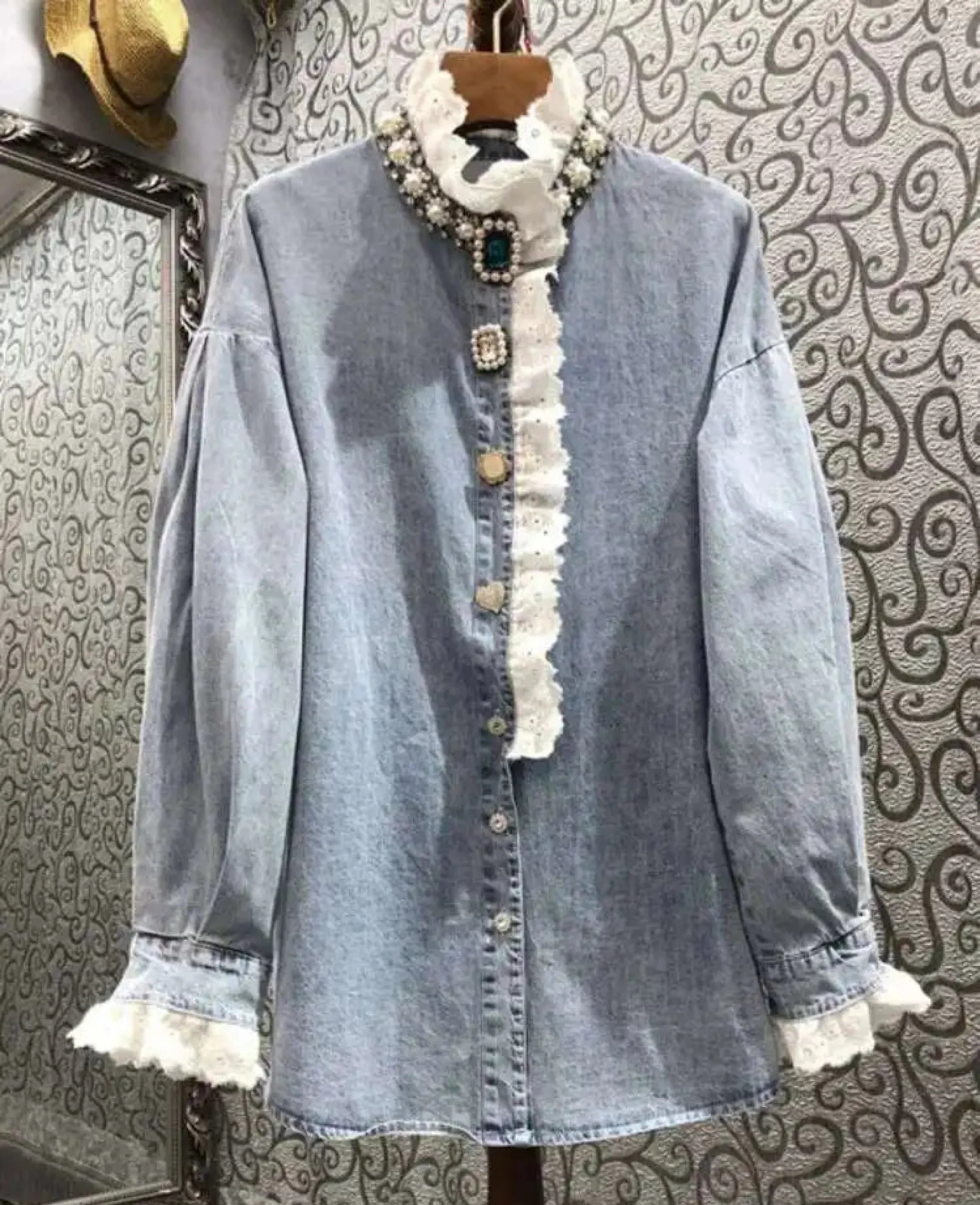 Luxe Ruffled Gemstone Denim Blouse