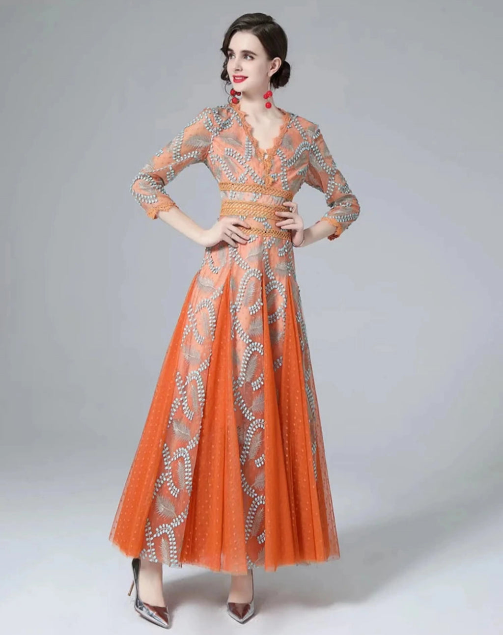 Couture Mesh Embroidery Midi Dress