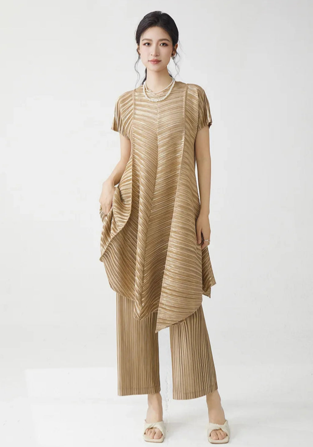 Gold Flowy Pleated Pant & Top Set