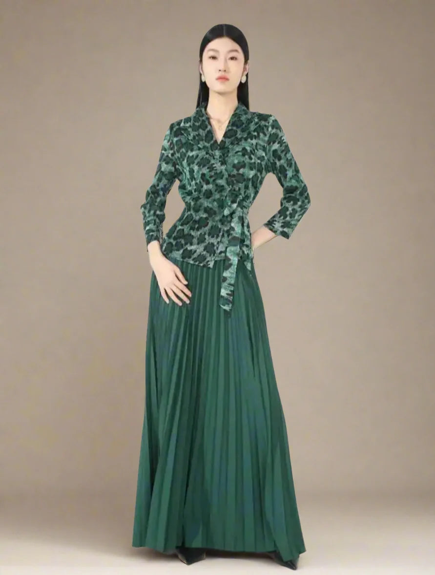 Leopard Pleated Skirt & Wrap Blouse