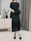 Asymmetric Pleated Fringe Skirt Set