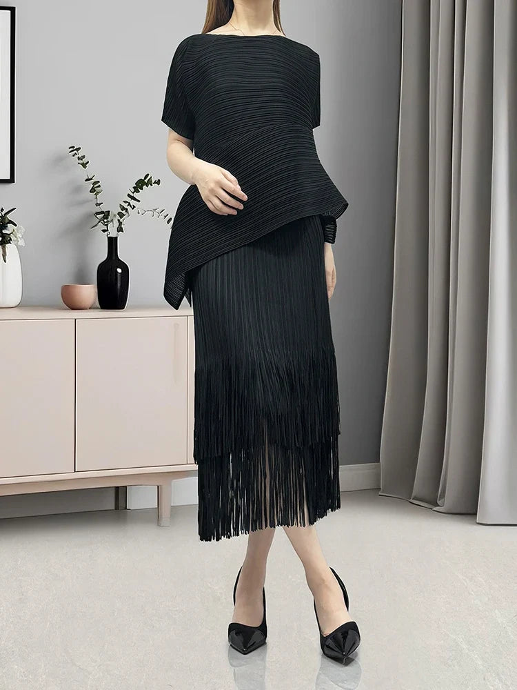 Asymmetric Pleated Fringe Skirt Set