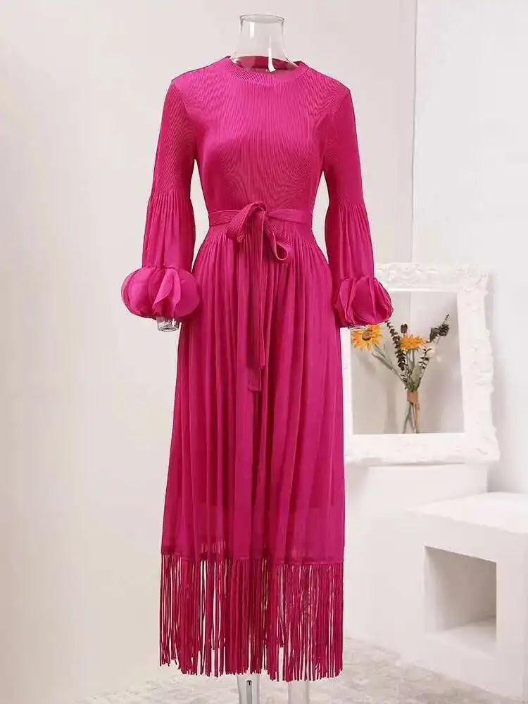 Elegant Fringe Hem Plissé Dress