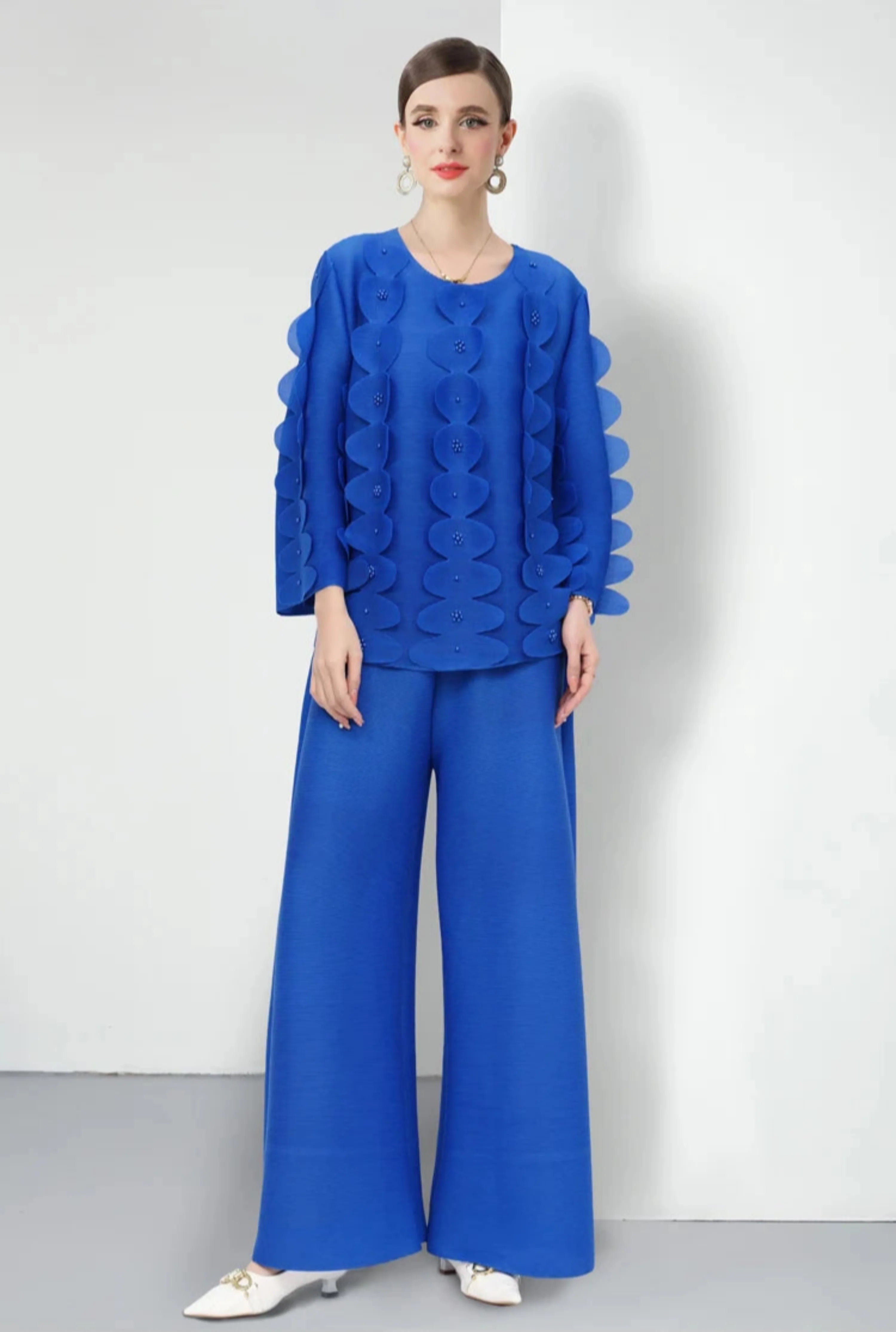 Casual Pleated Wide-Leg Trouser Set