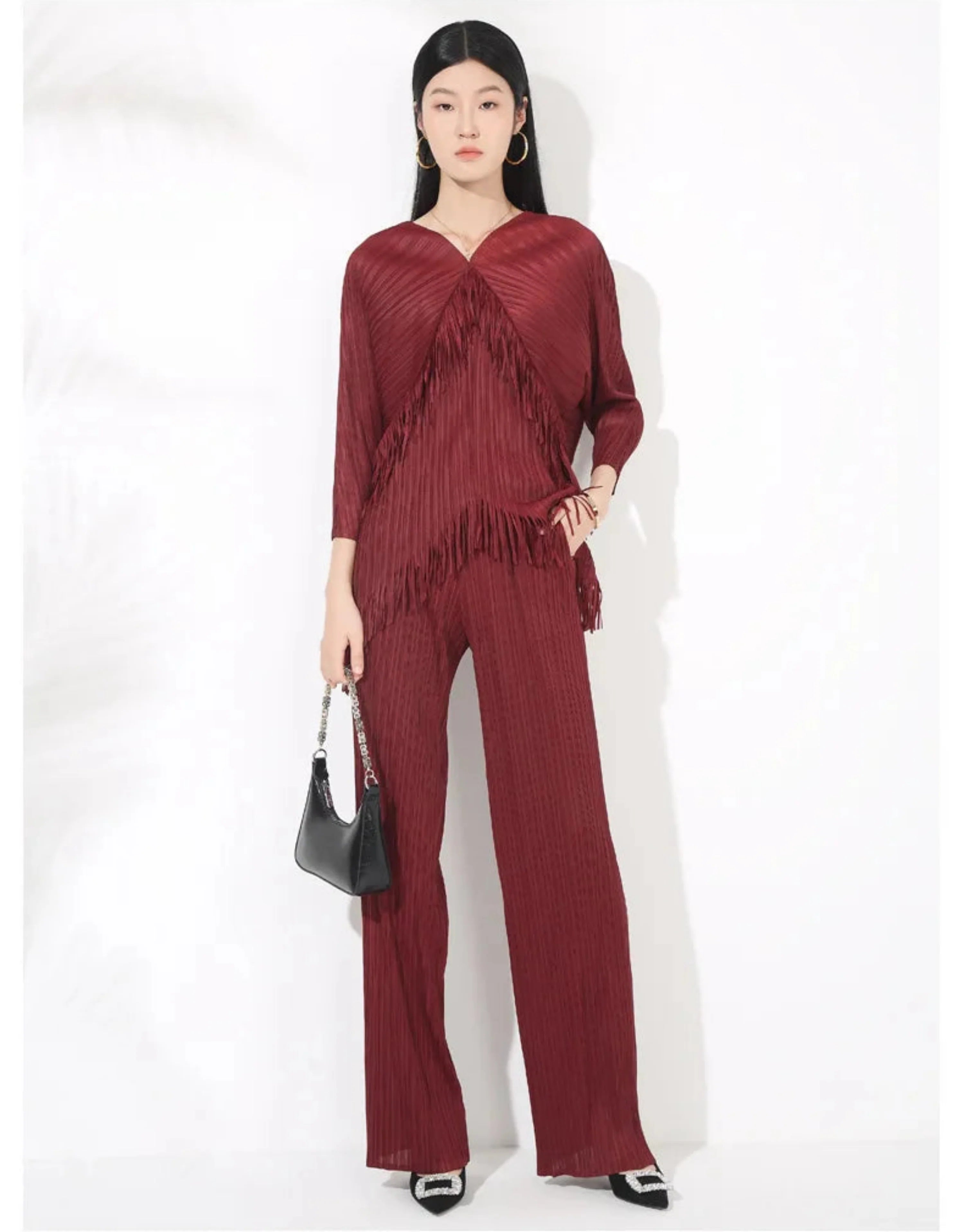 Fringed Pleated Wide-Leg Pant Set