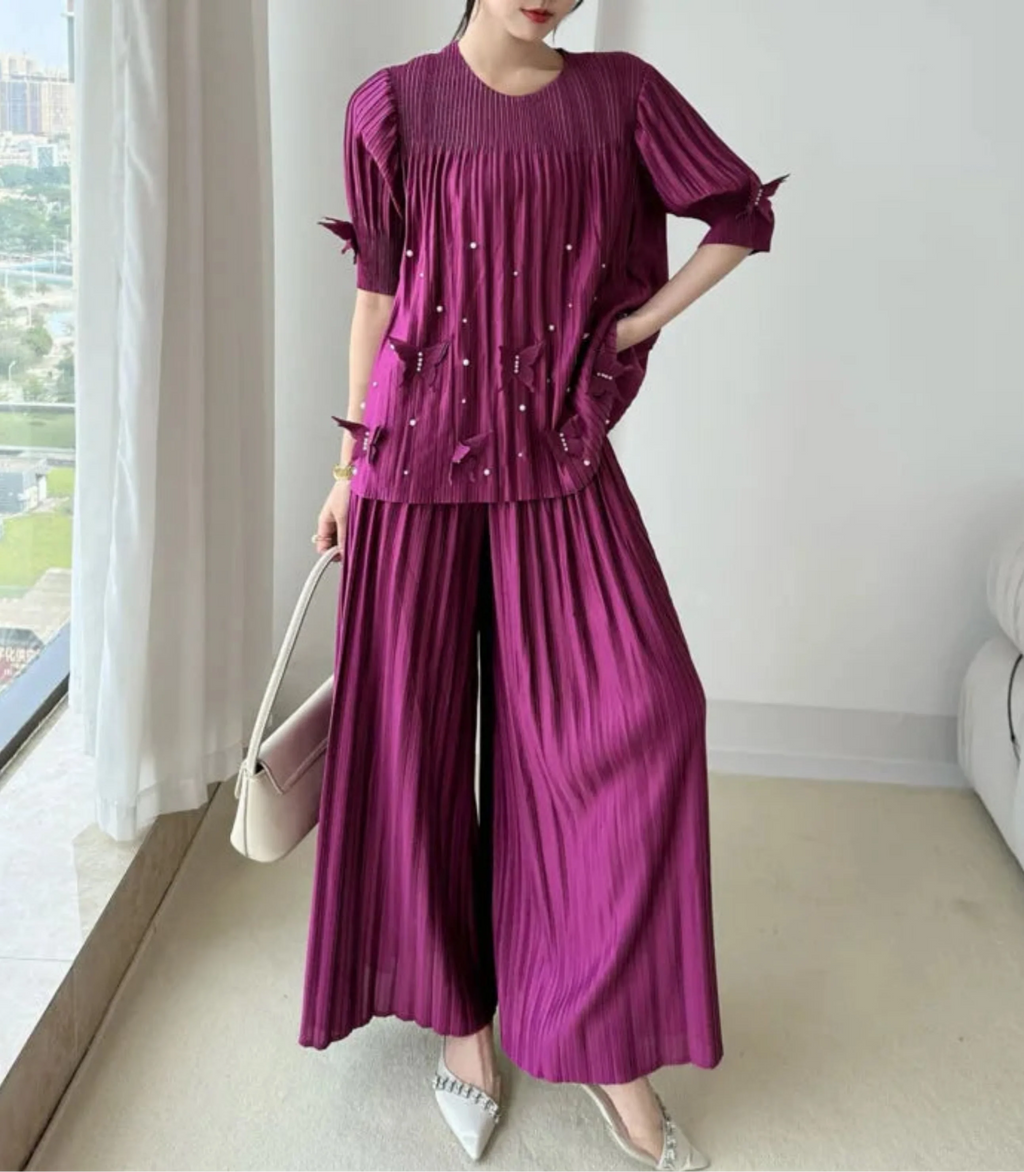 Plissé Beaded 2-Piece Trouser Set