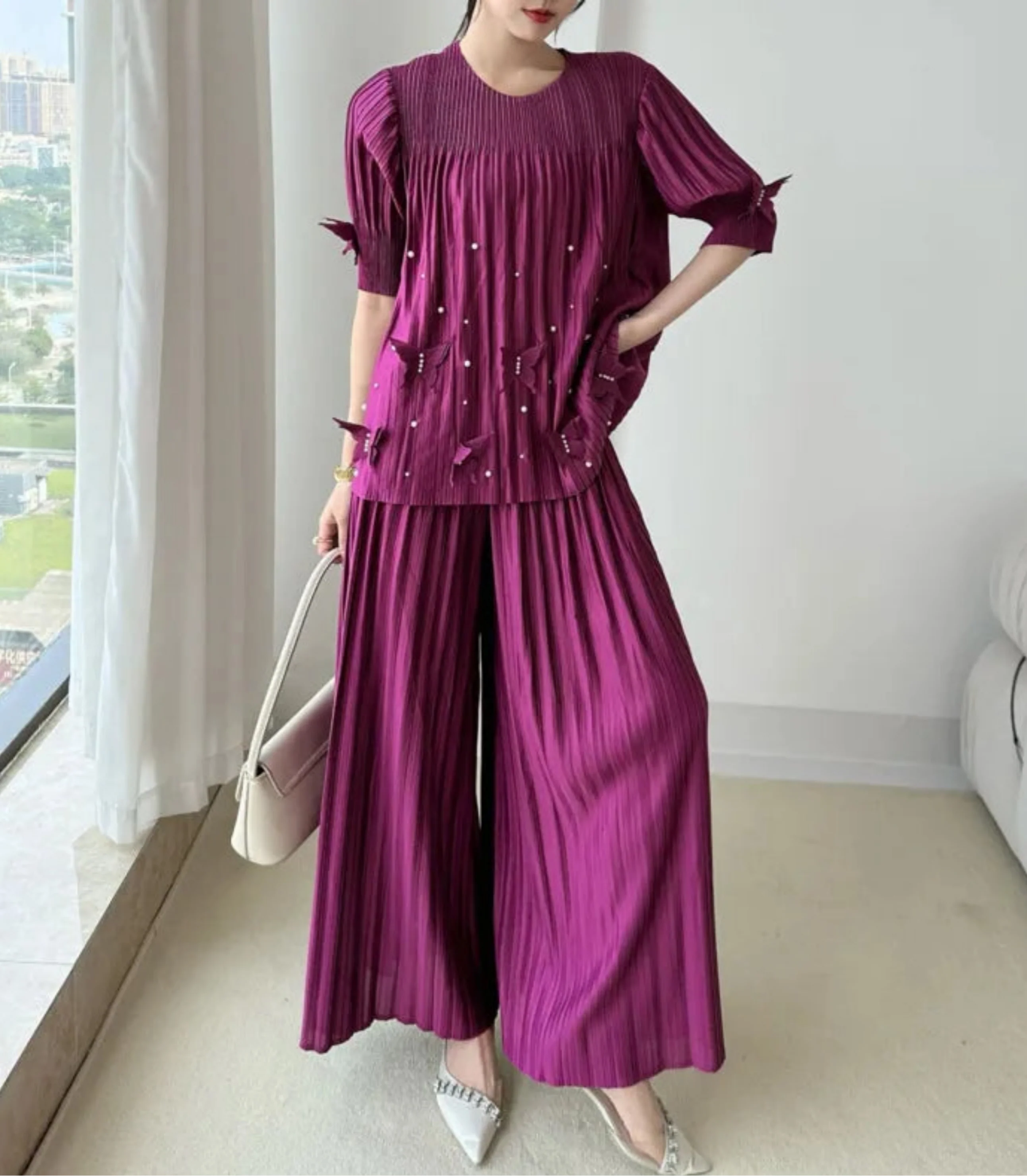Plissé Beaded 2-Piece Trouser Set