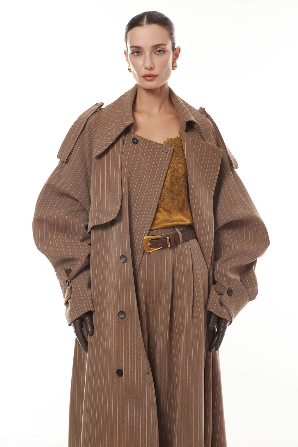 Clémence Brown Striped Trench Coat & Trousers Set