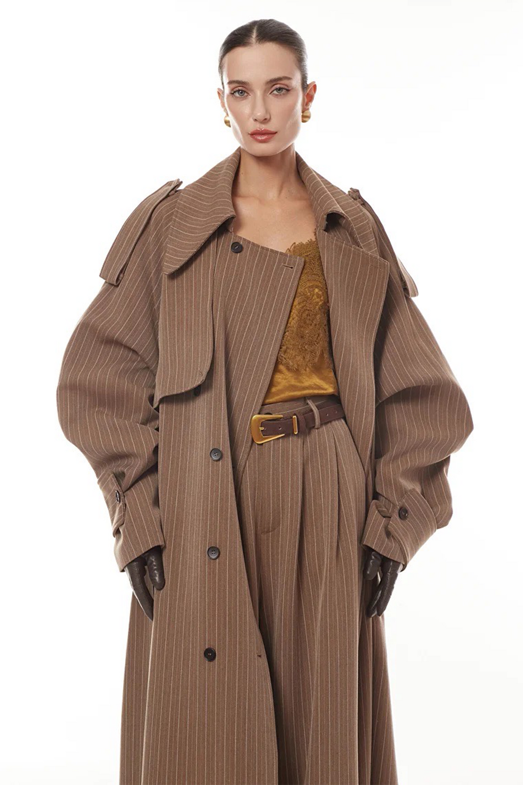 Clémence Brown Striped Trench Coat & Trousers Set