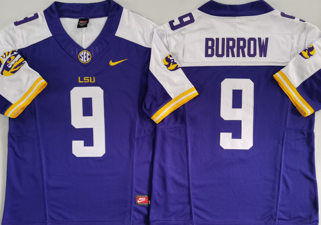 LSU Tigers Purple White #9 BURROW Stitched Jersey