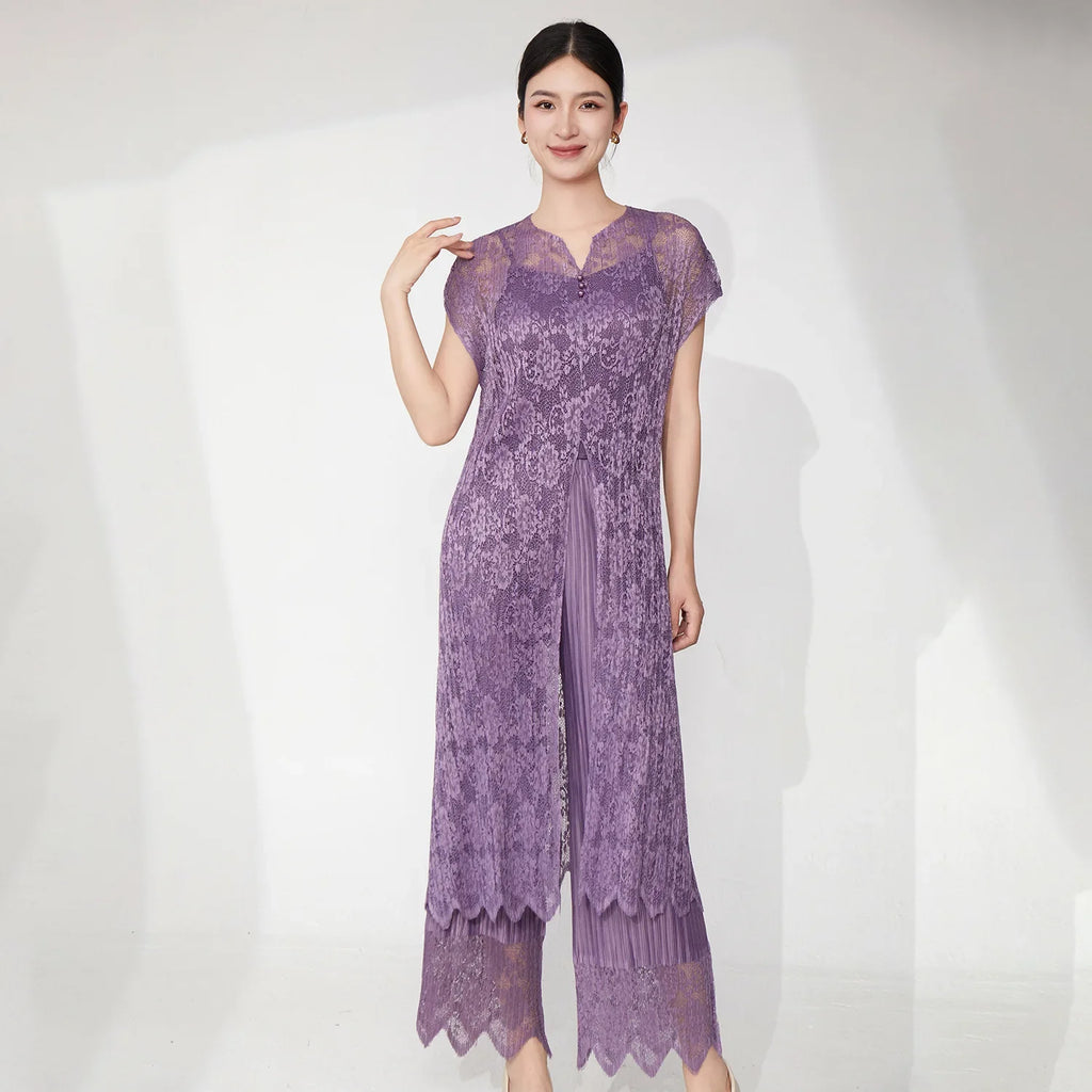 Lace Pleated Pant Suit 2-Piece Set