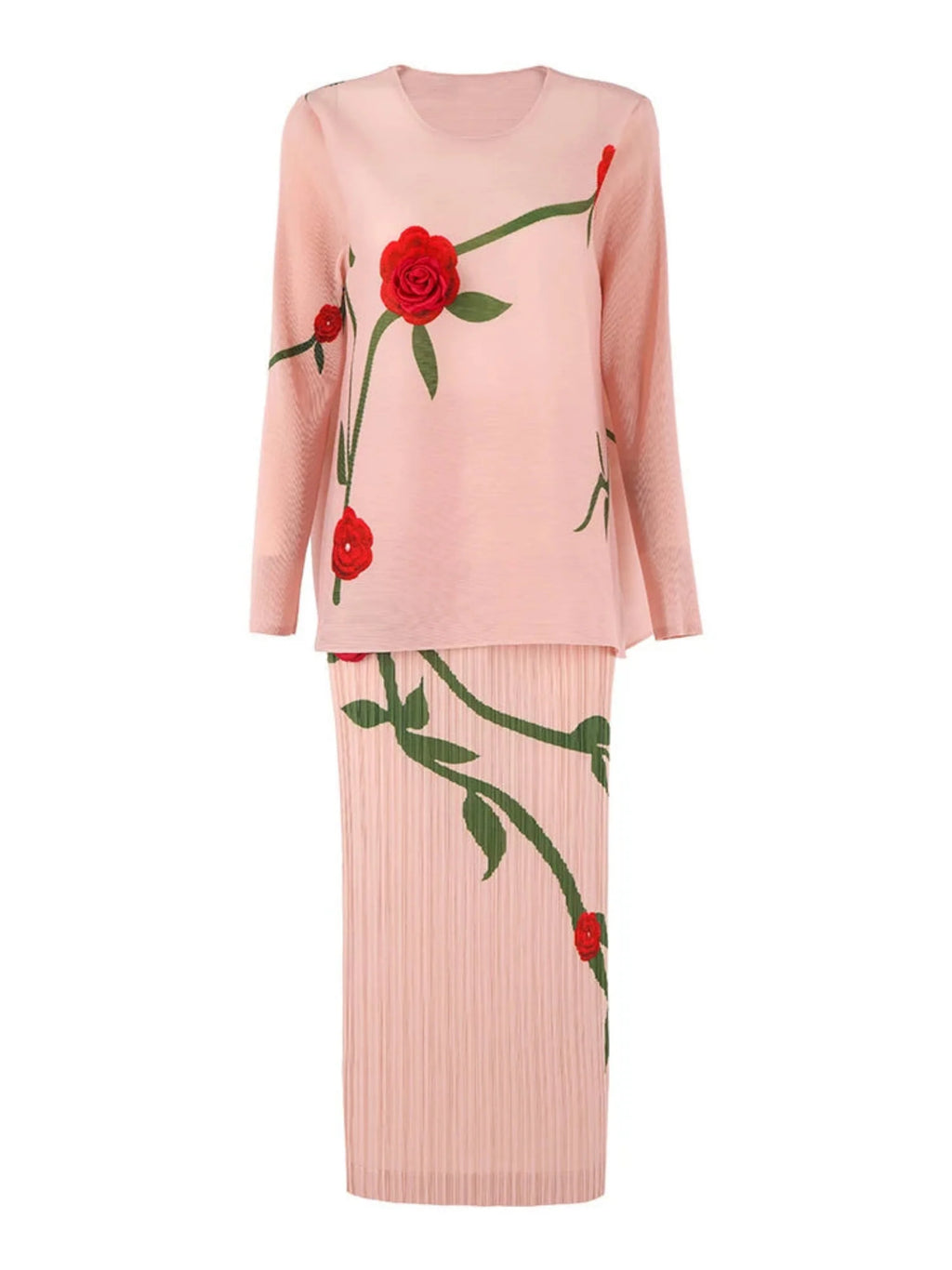 Luxe Feminine Rose Top & Pleated Skirt Set