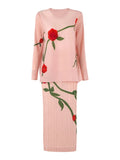 Luxe Feminine Rose Top & Pleated Skirt Set