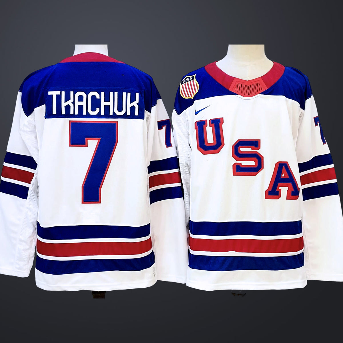 Men’s #7 TKACHUK Team USA 2026 White Away Stitched Jersey