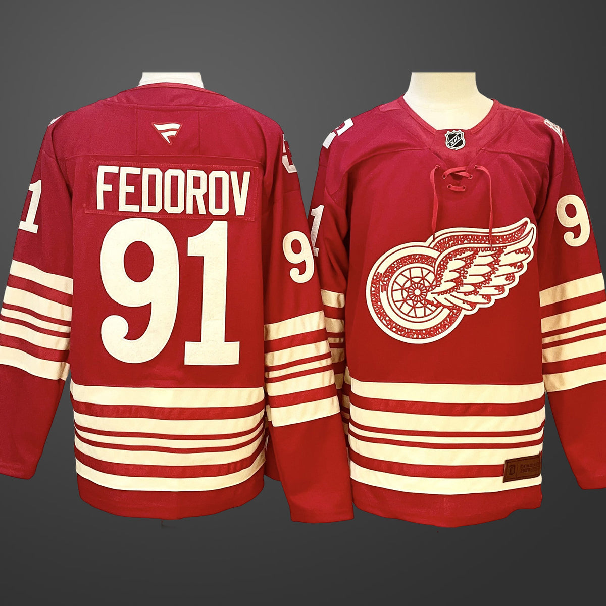 Men’s Detroit Red Wings #91 Sergei Fedorov Red 2025-26 Centennial Premium Stitched Jersey
