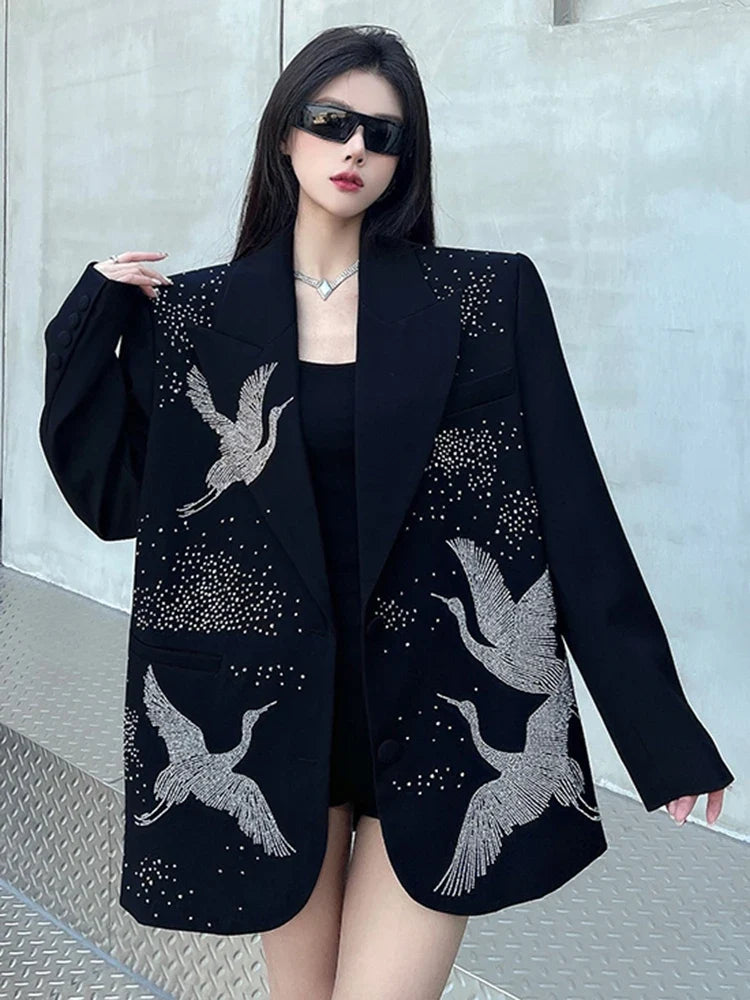 Oversized Blazer with Crane Rhinestones