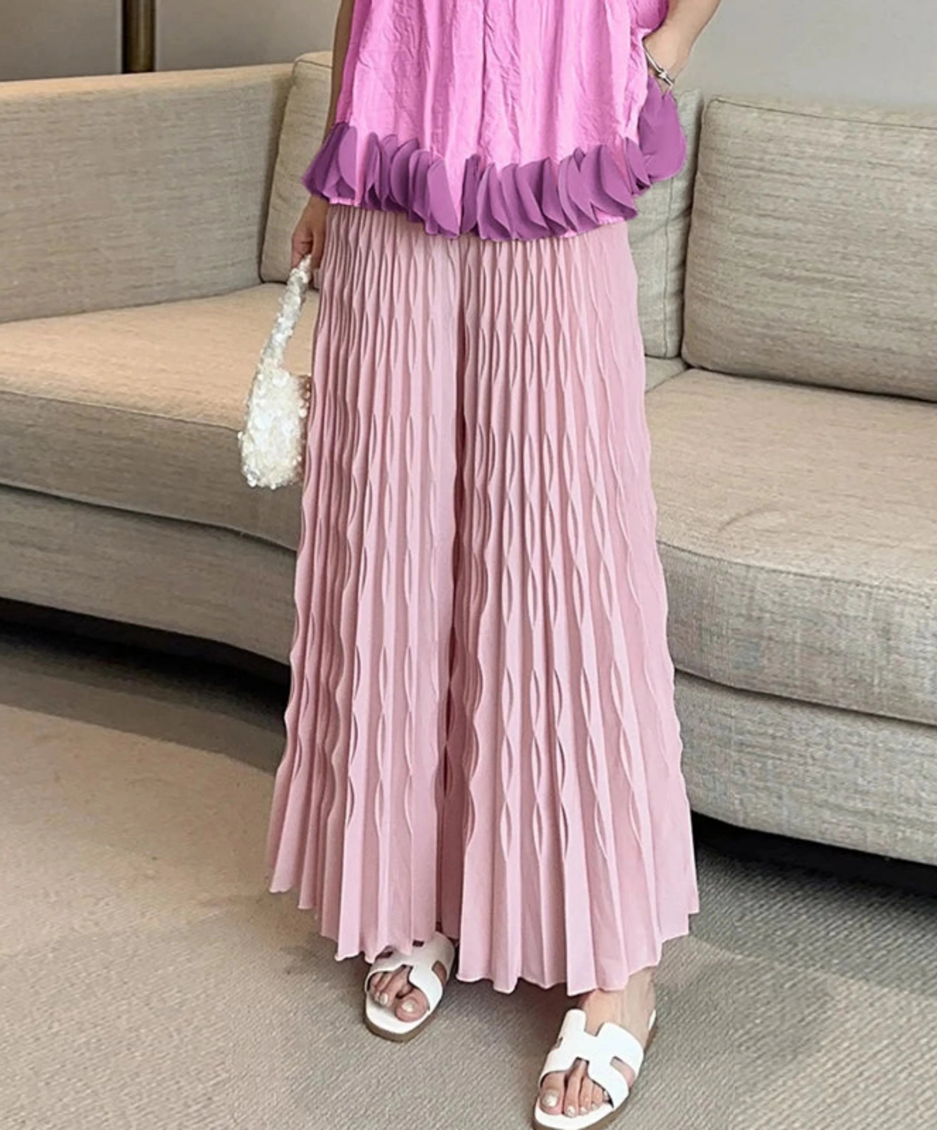 Pleated Chiffon Wide-Leg Trousers
