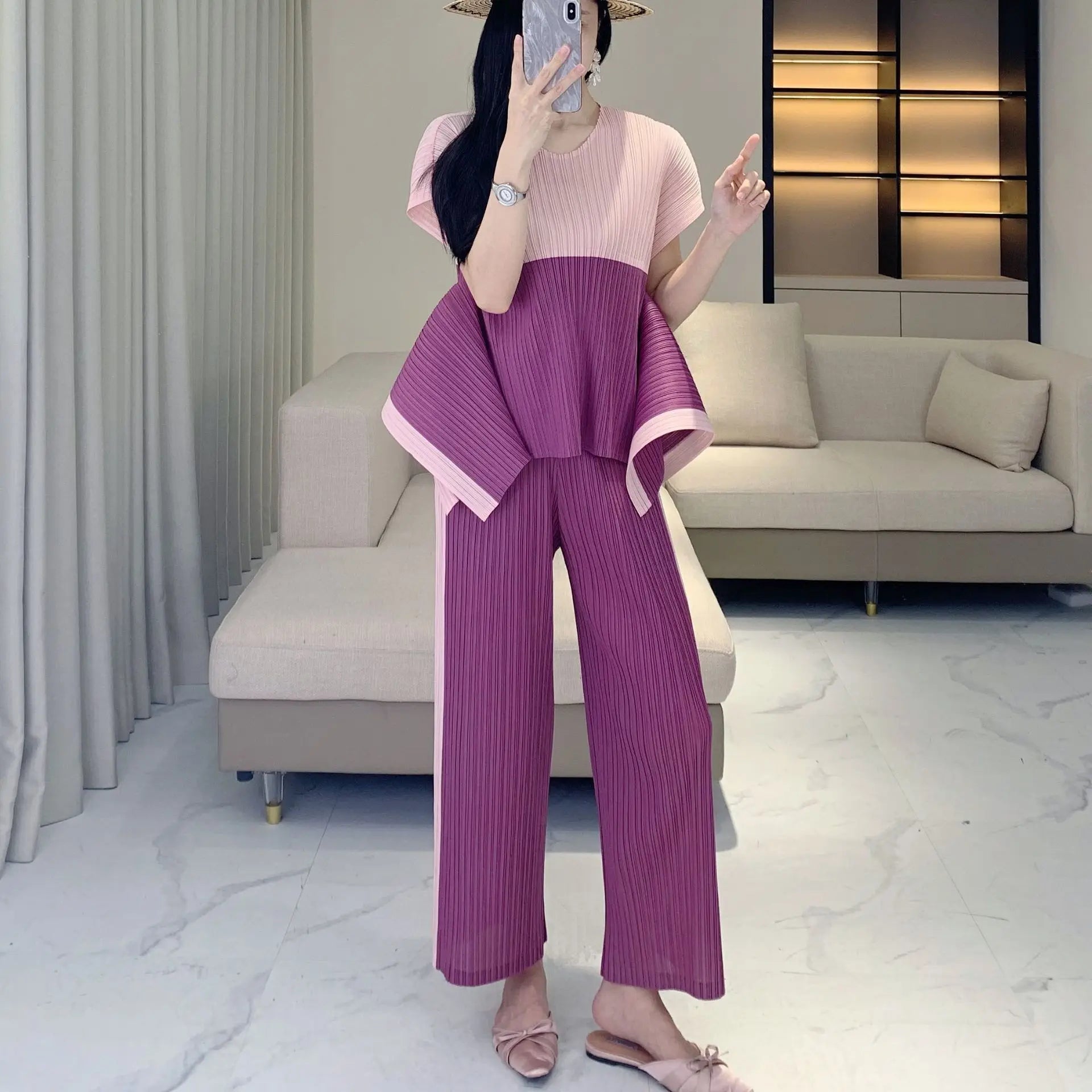 Geometric Pleated Top & Pants Set