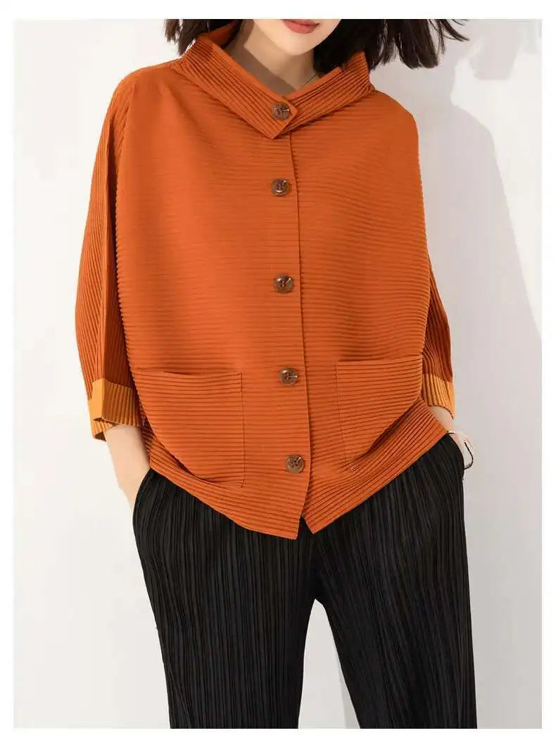 Textured Pleated Buttoned Jacket