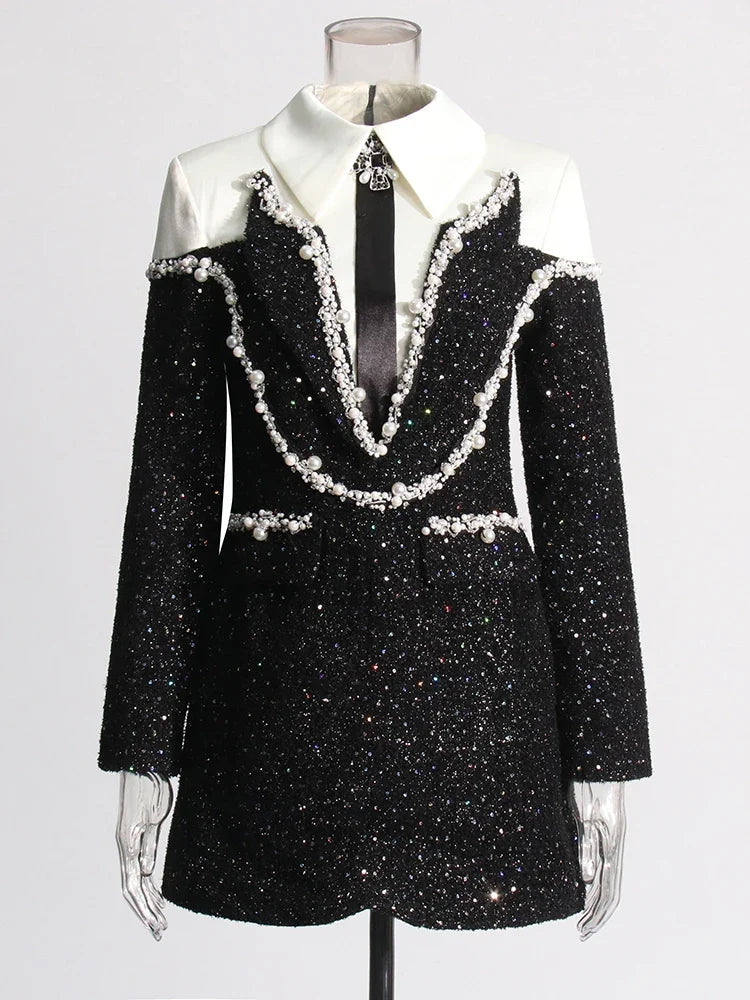 Women's Tuxedo Pearl Embellished Ultra Mini Dress