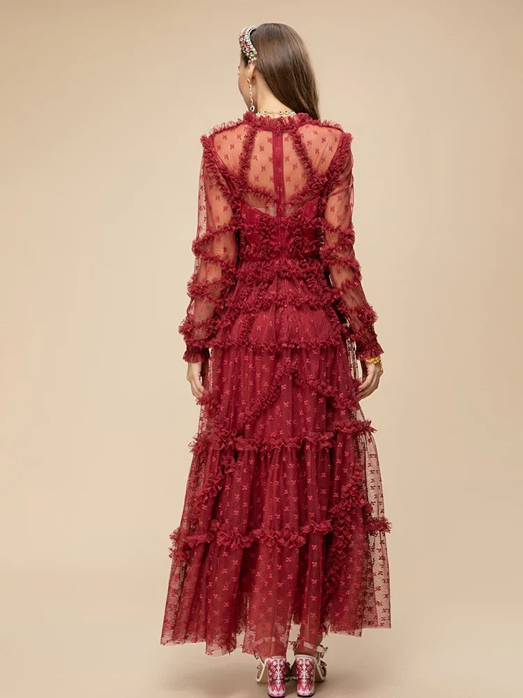 Wine Red Ruffle Mesh Midi Dress