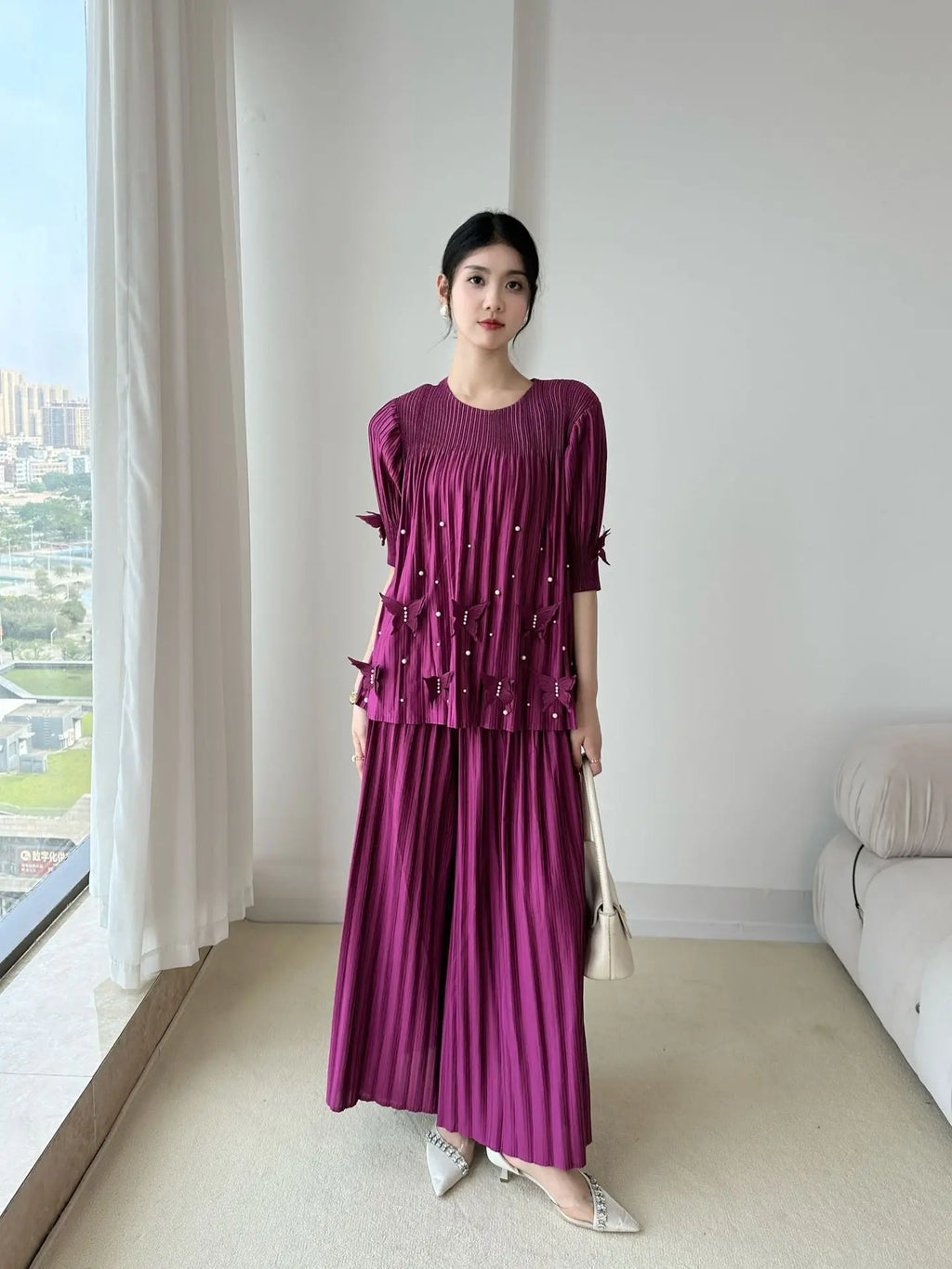 Plissé Beaded 2-Piece Trouser Set